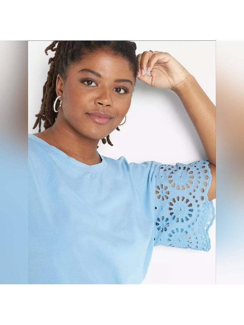 Lane Bryant Women's Woven Eyelet-Sleeve Light Blue Crew Neck Tee Size 14/16